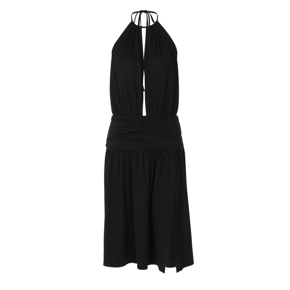 Women Sexy Deep V Plunge neck Bare Back Halter Strap Pleated Waist Tight Slit Dress