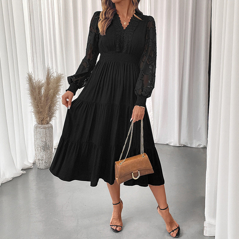 Autumn Sweet Elegant V neck Tight Waist Lace Long Sleeve Solid Color Dress Women