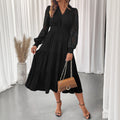 Autumn Sweet Elegant V neck Tight Waist Lace Long Sleeve Solid Color Dress Women