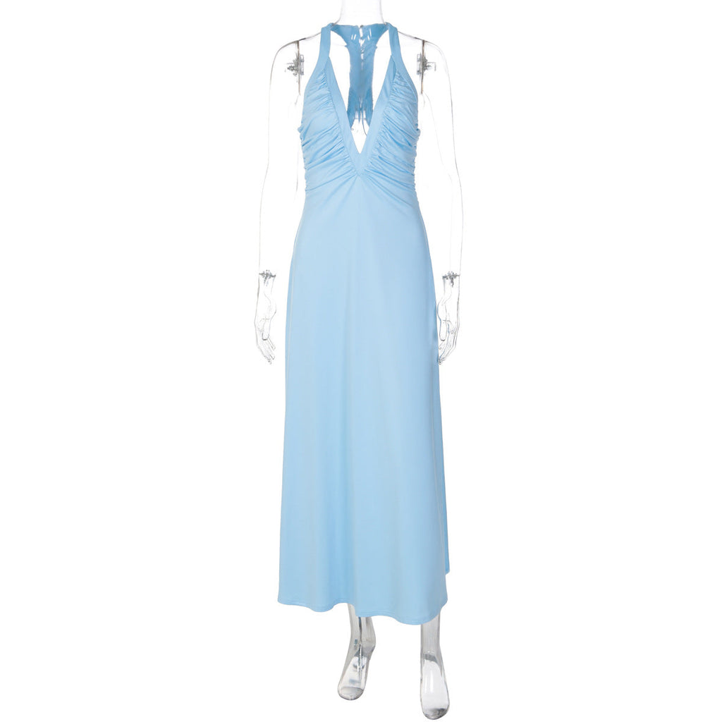 Women Clothing Summer Sexy Deep V Plunge neck Backless Hollow Out Cutout Large Swing Solid Color Dress