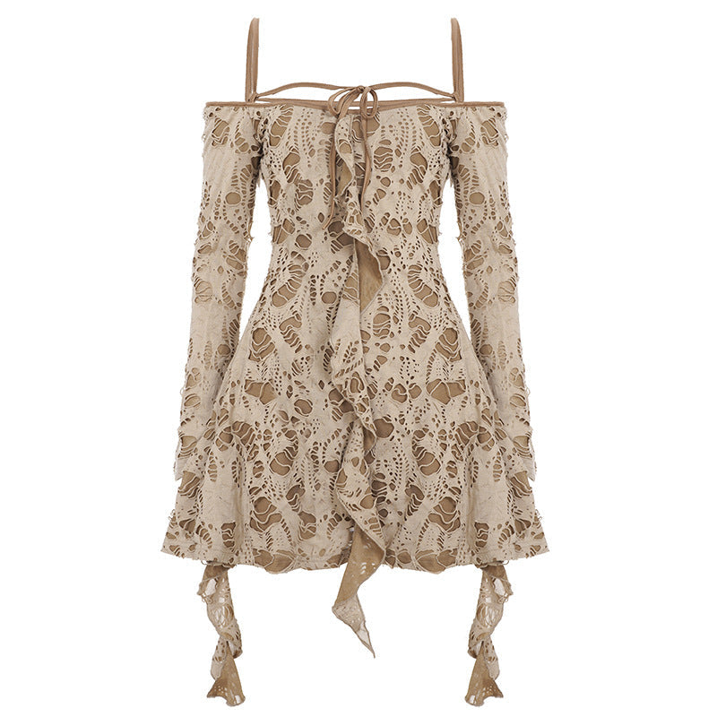 Retro Waste Soil Sexy Ripped Fabric Bell Sleeve off Shoulder Irregular Asymmetric Dress