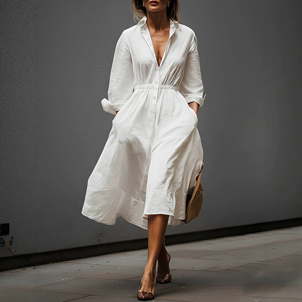 French Casual Elegant Shirtdress Summer Lapels Fitted Waist Pleated Pocket Design Commuting Elegant Dress