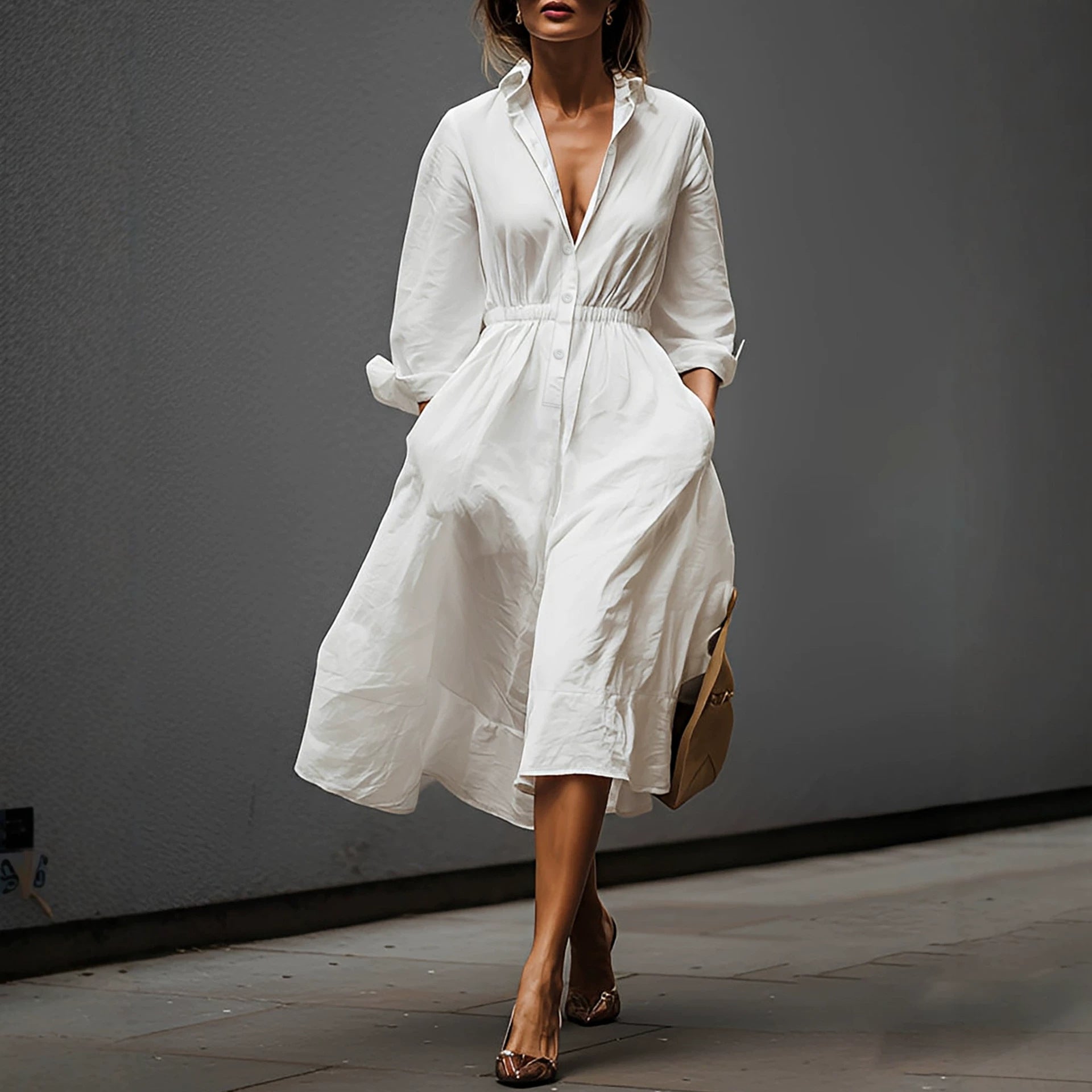 French Casual Elegant Shirtdress Summer Lapels Fitted Waist Pleated Pocket Design Commuting Elegant Dress