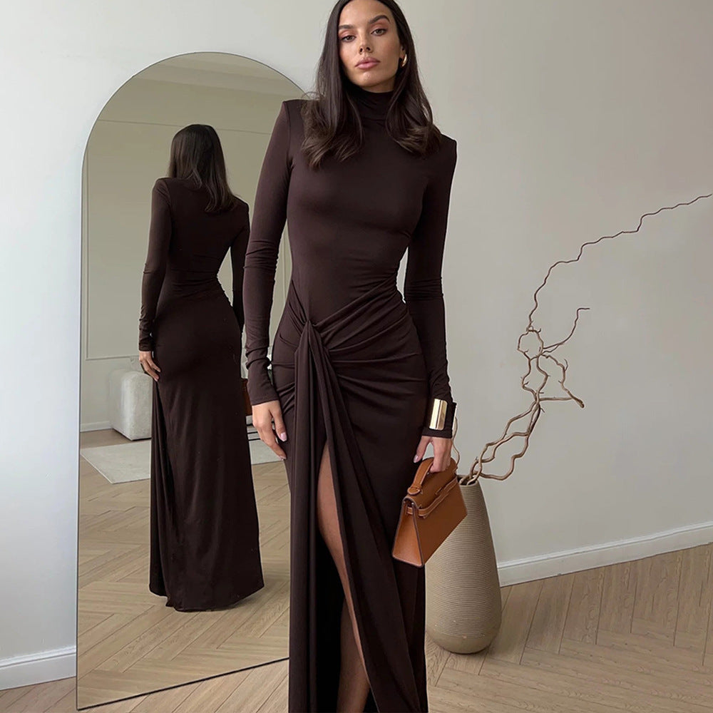 Fall Winter Women High Collar Long Sleeve Stitching Lace up Waist Controlled Slim Fit Solid Color Dress Women