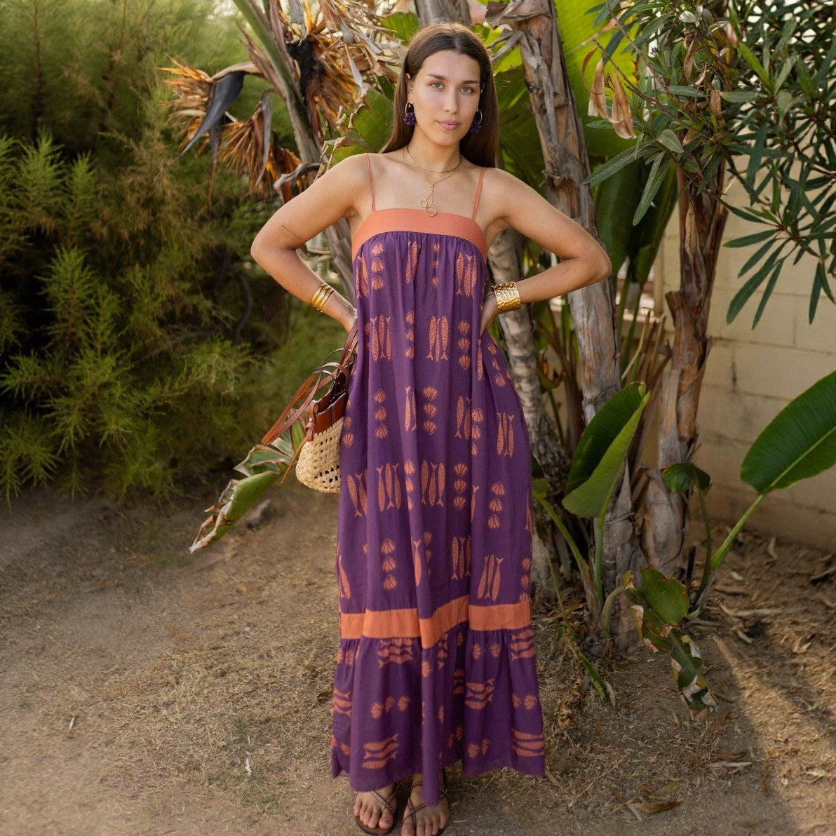 Dress Color Matching Print Holiday Large Swing Strap Dress for Women