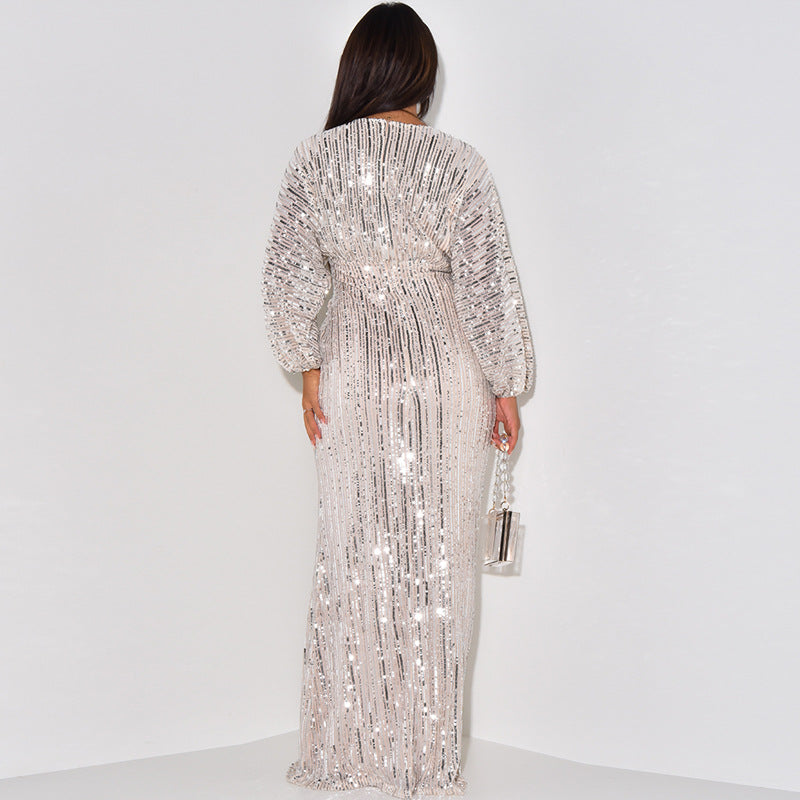 Women Dress Dress Sequined Long Sleeve V Neck Sexy Sequin Maxi Dress