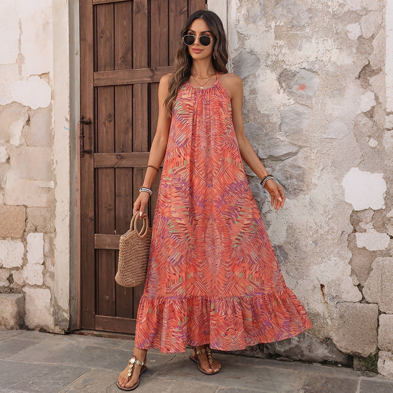 Ethnic Vacation Printed Halter Backless Loose Dress