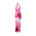 Women Sexy Halter V neck Lace up Printed Slim Fit Long Backless High Waist Dress