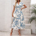 Elegant Retro Pastoral Landscape Printing V neck Waist Dress