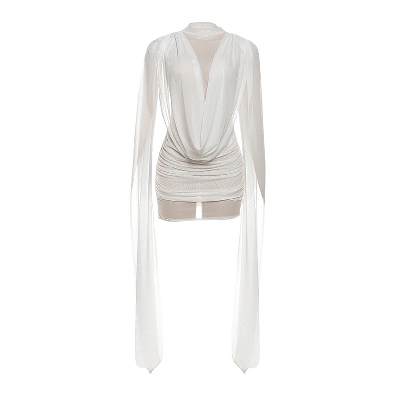 Autumn Winter Women Half Turtleneck Double Layer Stitching Mesh Ribbon Hip Wrapped Sexy Dress