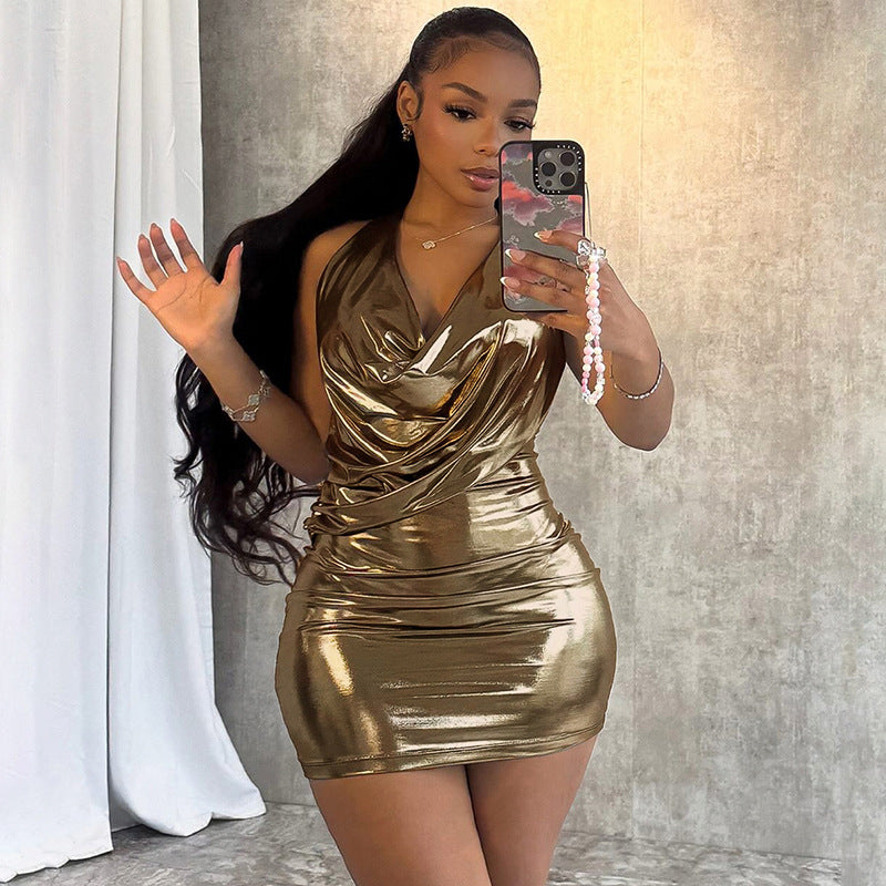 Metallic Glossy Features Swing Collar Sleeveless Halter Dress Backless Sheath Sexy Dress