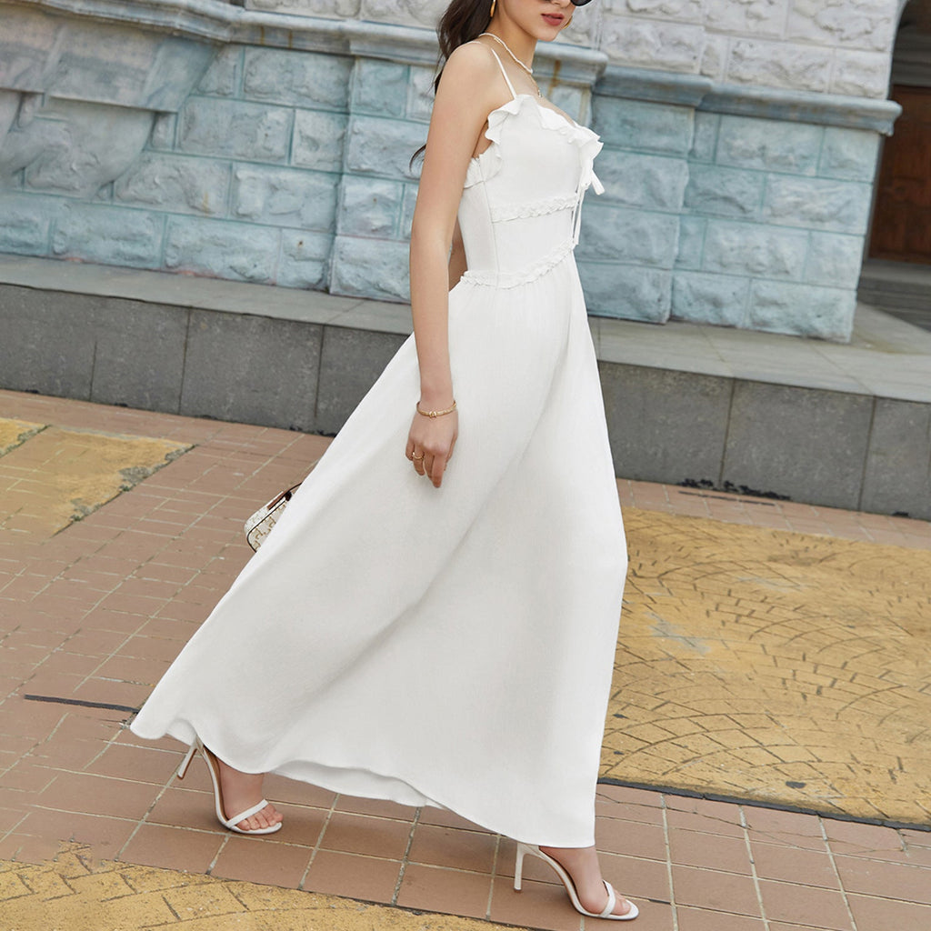Summer Cool Ice Velvet Crepe Fabric Cami Dress Sexy V neck Flounce Decoration Slim Fit Maxi Dress