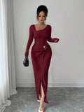 Autumn Winter Irregular Asymmetric Neckline Solid Color Knitted Texture Maxi Dress Women