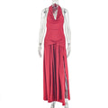 Women Clothing Solid Color Split Elegant Halter Hip Dress Swing Collar Backless Sleeveless Pleated Length Dress