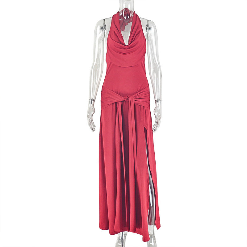 Women Clothing Solid Color Split Elegant Halter Hip Dress Swing Collar Backless Sleeveless Pleated Length Dress