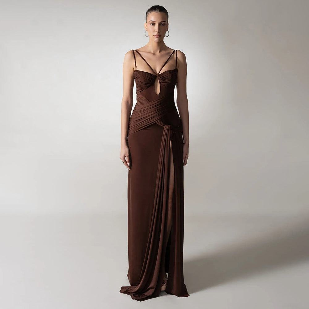 Dress Sexy Slim Fit Maxi Dress Backless Brown Pleating Ribbon Dress