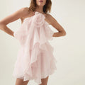 Elegant Sexy High Grade Short Dress Early Spring Halter Three Dimensional Floral Design Lace up Sleeveless Dress