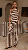 Striped Printed Oblique Shoulder Tops Casual Trousers Two Piece Sets