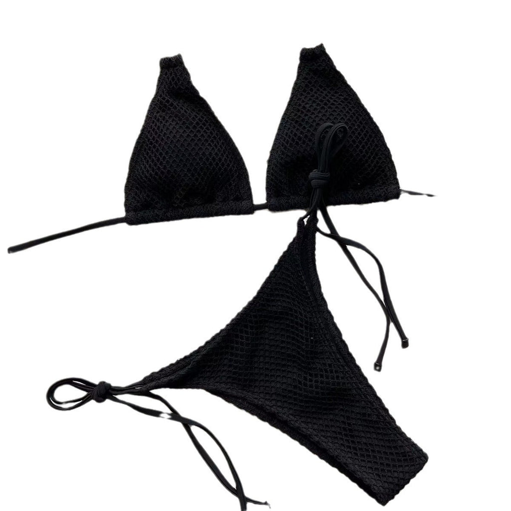 Mesh Fabric Solid Color Split Bikini Swimsuit, Stylish Sexy Beach Hot Spring Resort Swimsuit