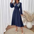 Autumn Holiday Ethnic Tight Waist V neck Blue Embroidery Dress Women