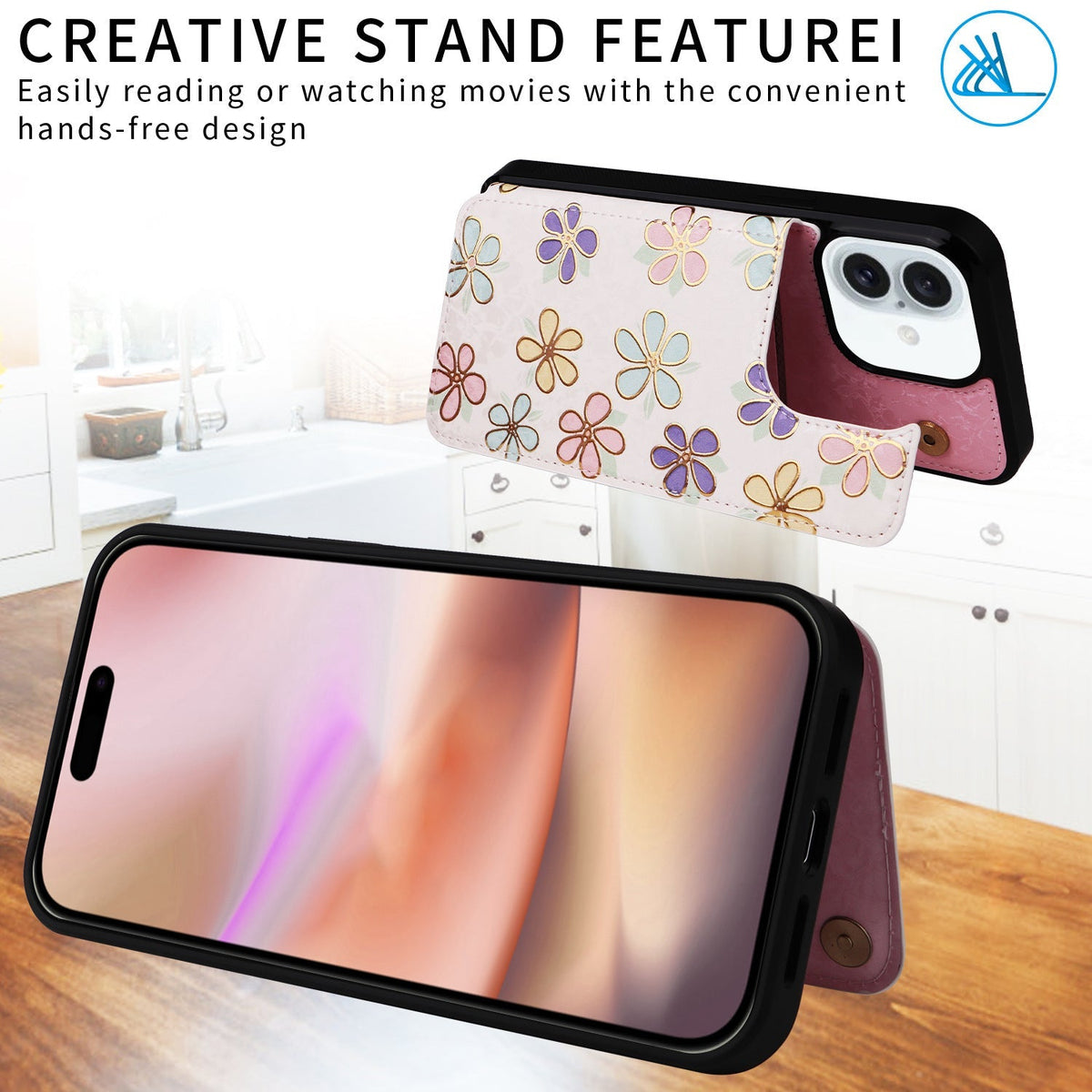 Card Holder Applicable to Apple 16 painted double buckle four-insert card wallet case 16pro max all-inclusive anti-drop case protective cover