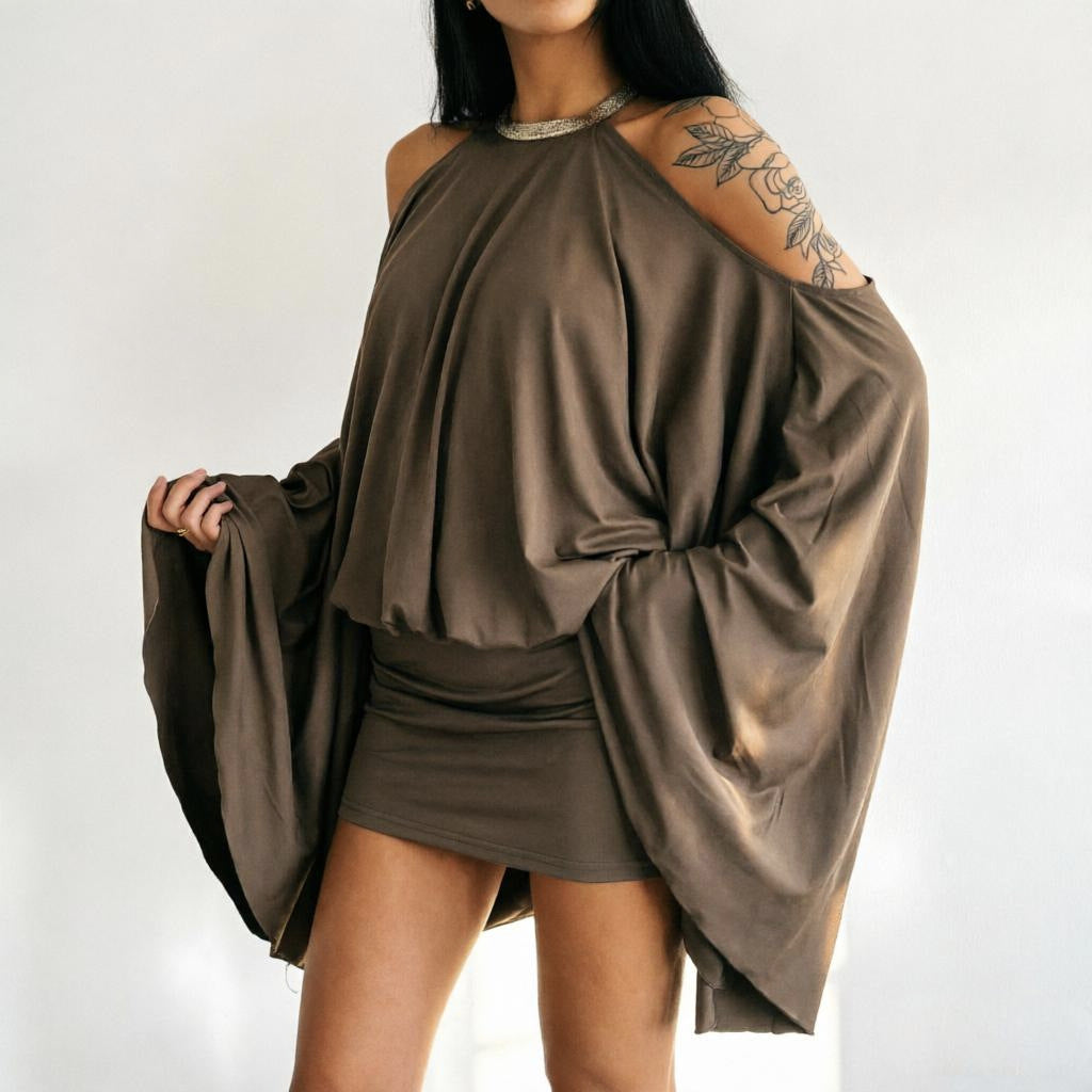 Sexy off Shoulder Backless Irregular Asymmetric Design Short Loose Batwing Sleeve Dress for Women