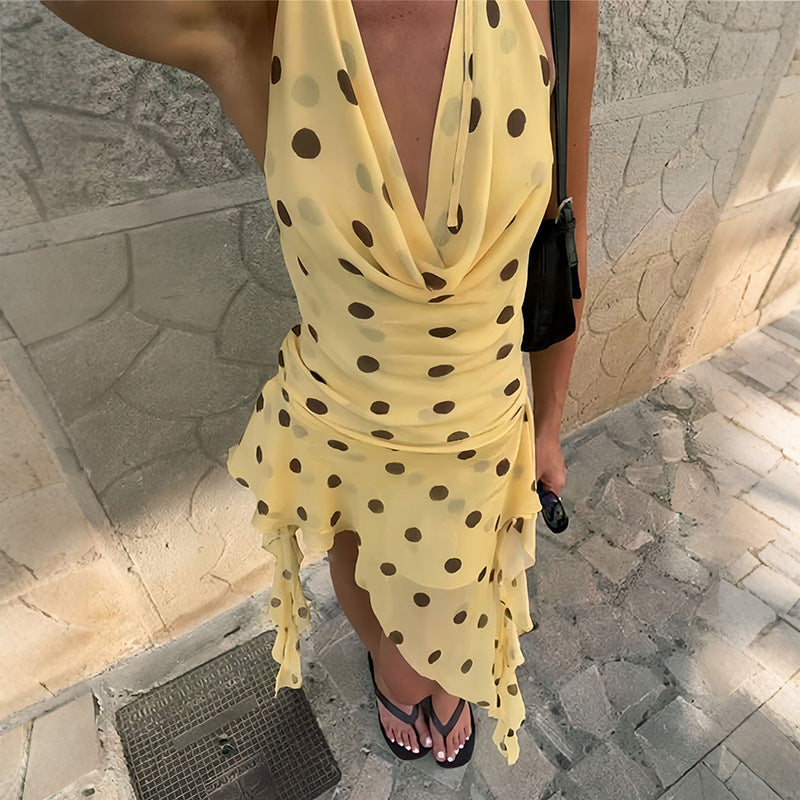 Summer Women Clothing Sexy Halter Swing Collar Sleeveless Slim Dot Mesh Dress for Women