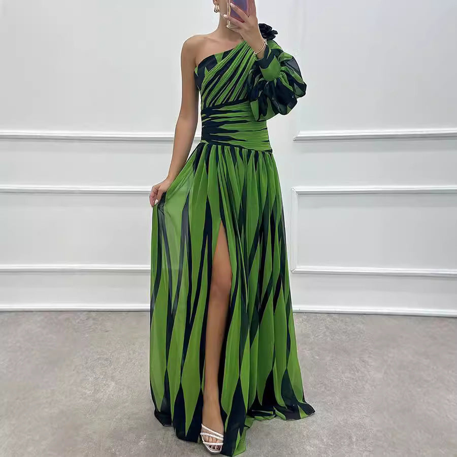Spring Autumn Printed Diagonal Shoulder Split Dress Casual Loose Party Dress Dress