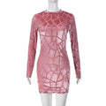Women Hip Wear round Neck Long Sleeve Flocking Sexy Short Hip Dress