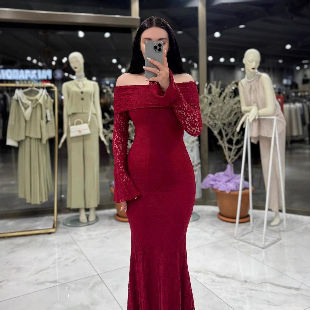Women Maxi Dress off Shoulder Sexy Lace Long Sleeve Dress