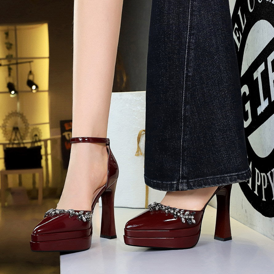 Sexy Rhinestones Buckle Double Layer Waterproof Platform Ultra High Heel Patent Leather Hollowed Sandals Women