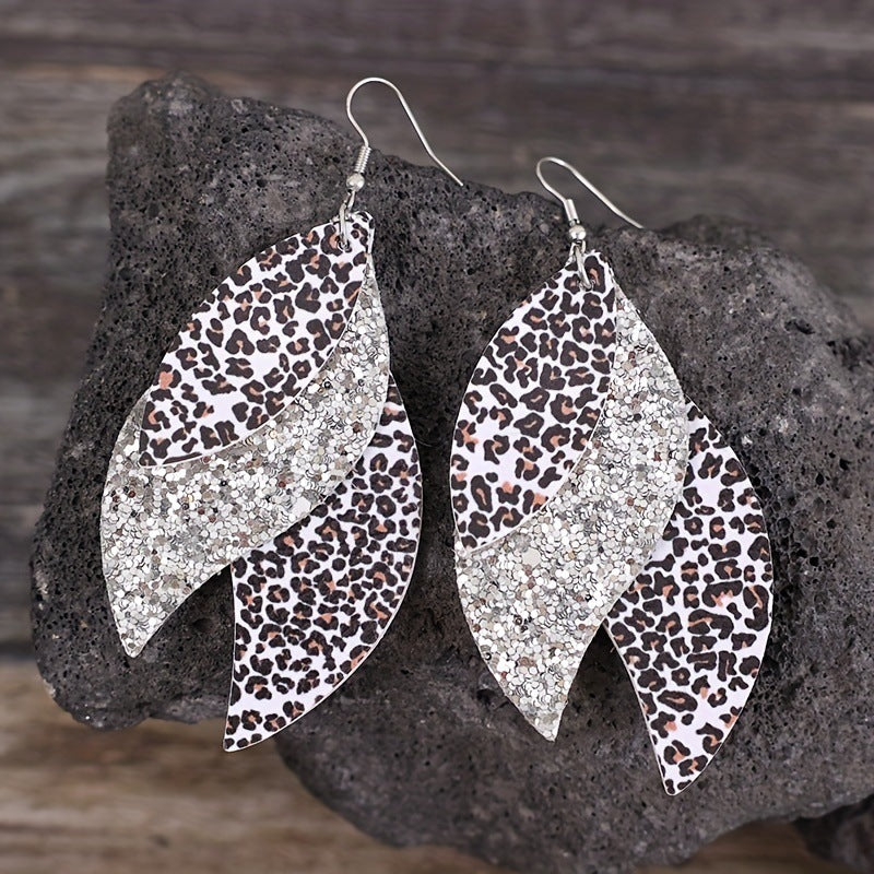 Bohemian Geometric Drop Earrings - Lightweight Faux Leather Leaf Design with Double-Sided Color & Triple Tassel Fringe