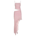 Vacation Women Cropped Outfit Ruffled Mesh Dress Irregular Asymmetric Solid Color Elegant Graceful Halter Dress