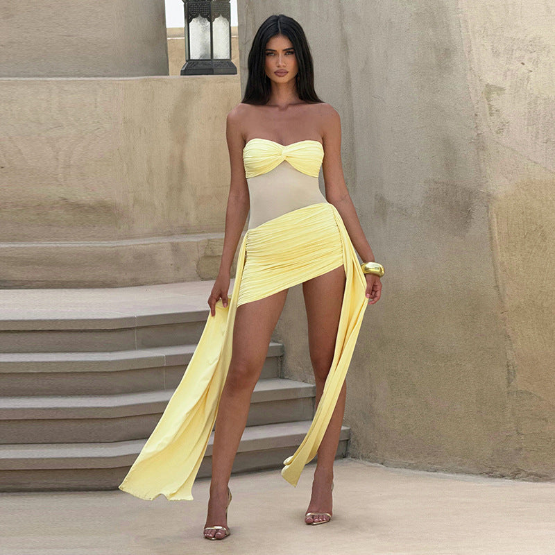 Women Clothing Summer Elegant Ribbon Mesh Stitching Dress Women
