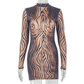 Slim Fitting Women Color Matching Black Pattern Street Hip Sexy round Neck Long Sleeve Short Dress