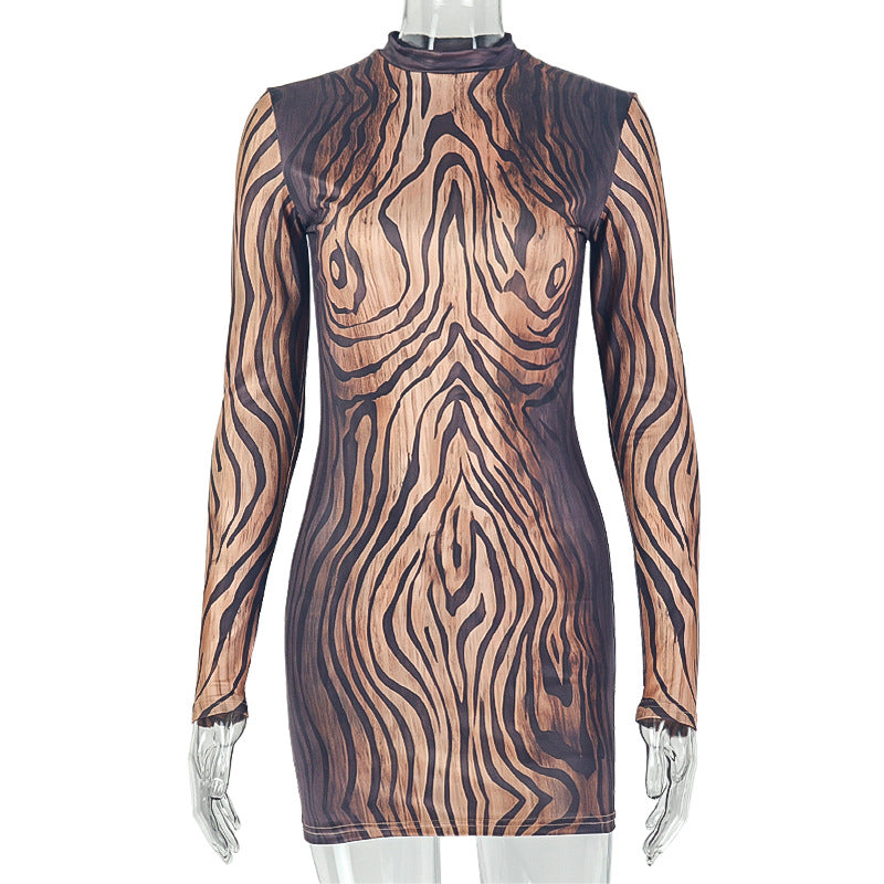 Slim Fitting Women Color Matching Black Pattern Street Hip Sexy round Neck Long Sleeve Short Dress