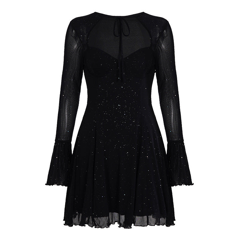Sexy Women Dress Lace up Sheer Mesh Shiny Party a Swing Dress