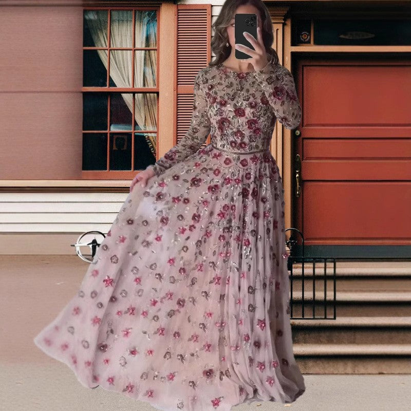 Summer Sexy Slim Fit Slimming Mid Length Long Sleeve Waist Tight Three Dimensional Floral Large Swing Dress