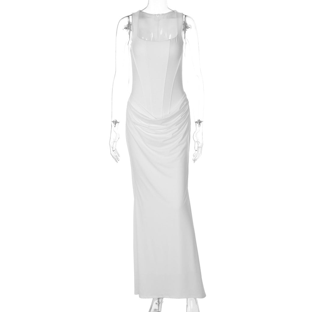 Sexy Boning Corset Slim Fit U Neck Long Pleating Pullover Dress Cocktail Party Evening Dress
