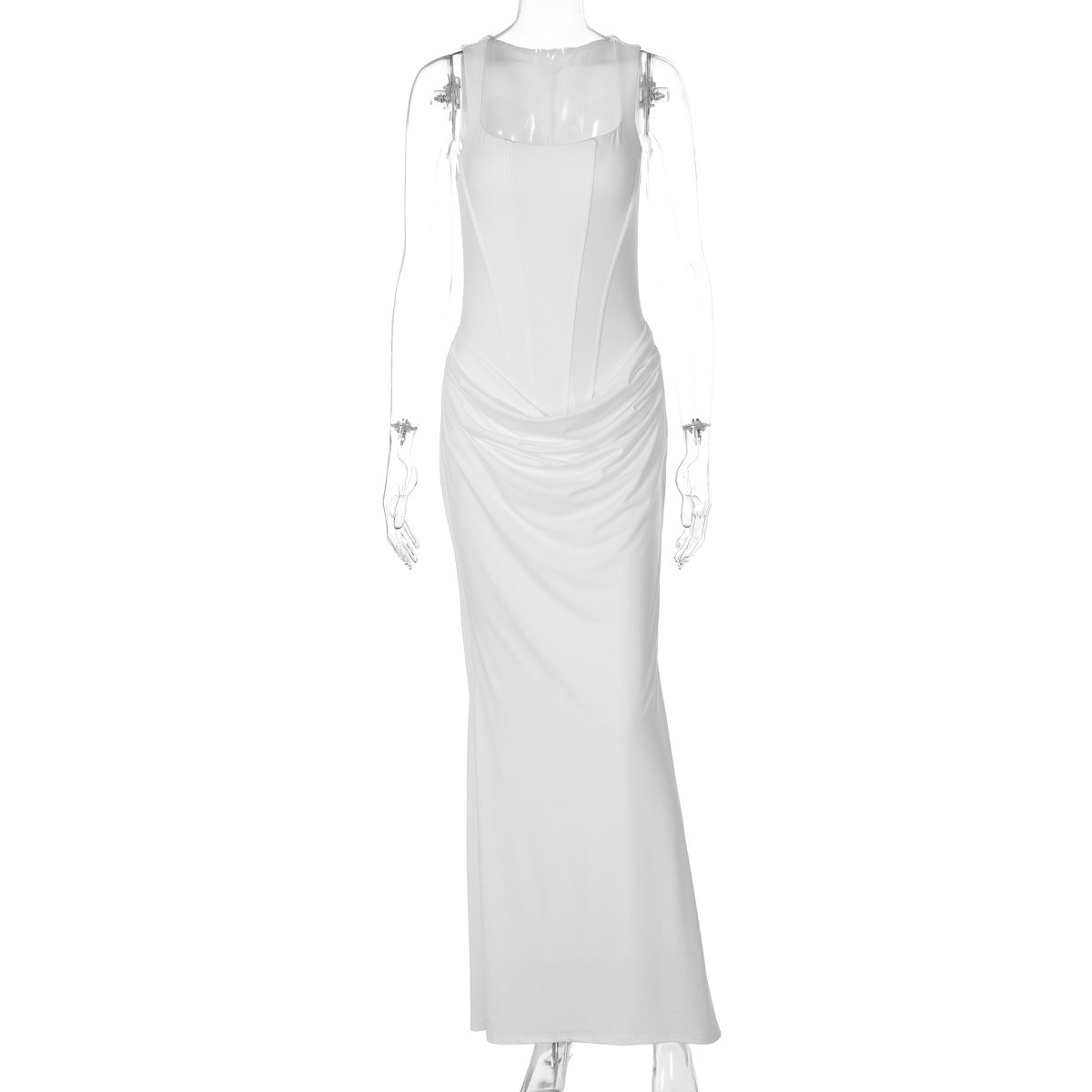 Sexy Boning Corset Slim Fit U Neck Long Pleating Pullover Dress Cocktail Party Evening Dress