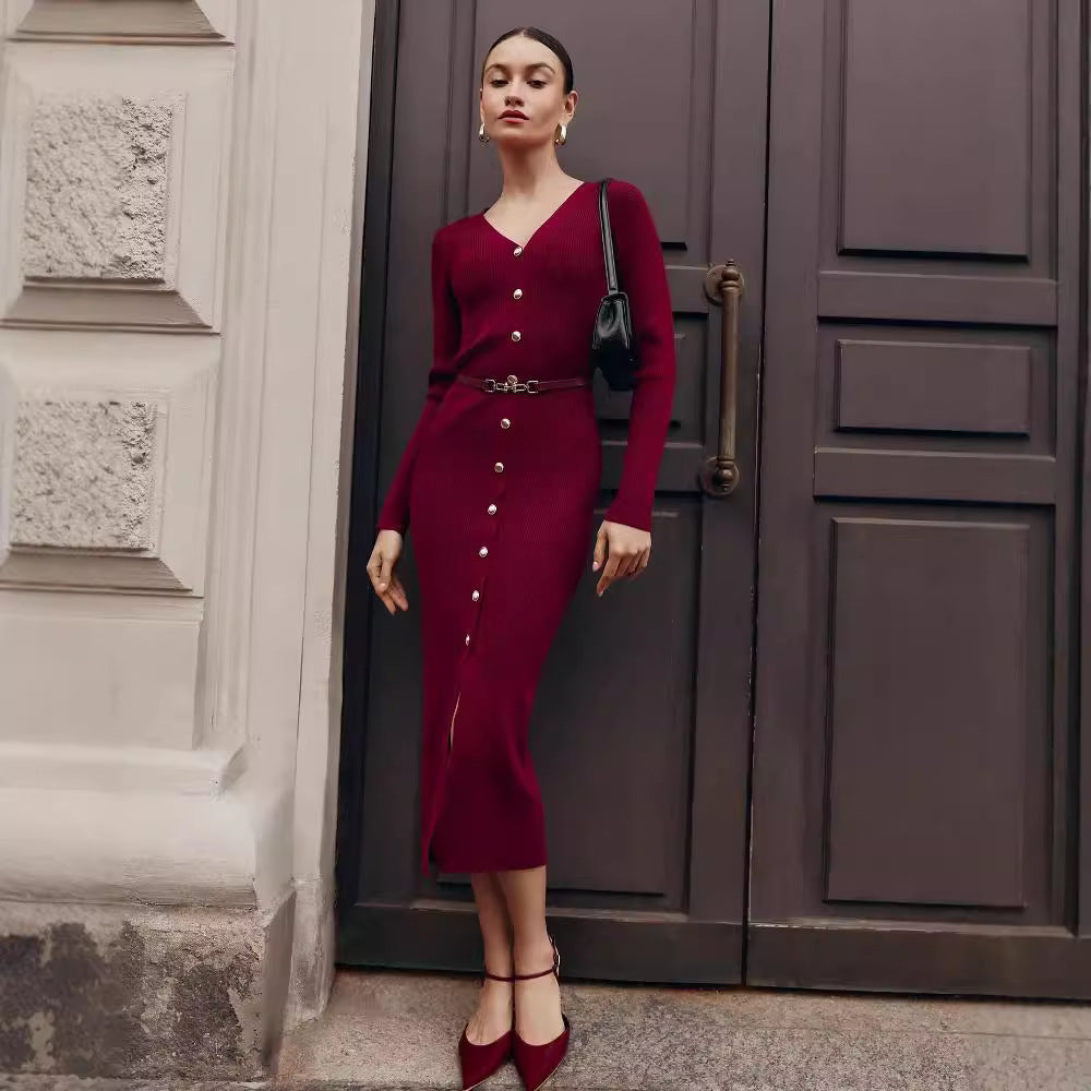 Autumn Winter Long Sleeve Knitted Dress Button Split Russia Hip Wrapped Sweater Cardigan Dress No Belt