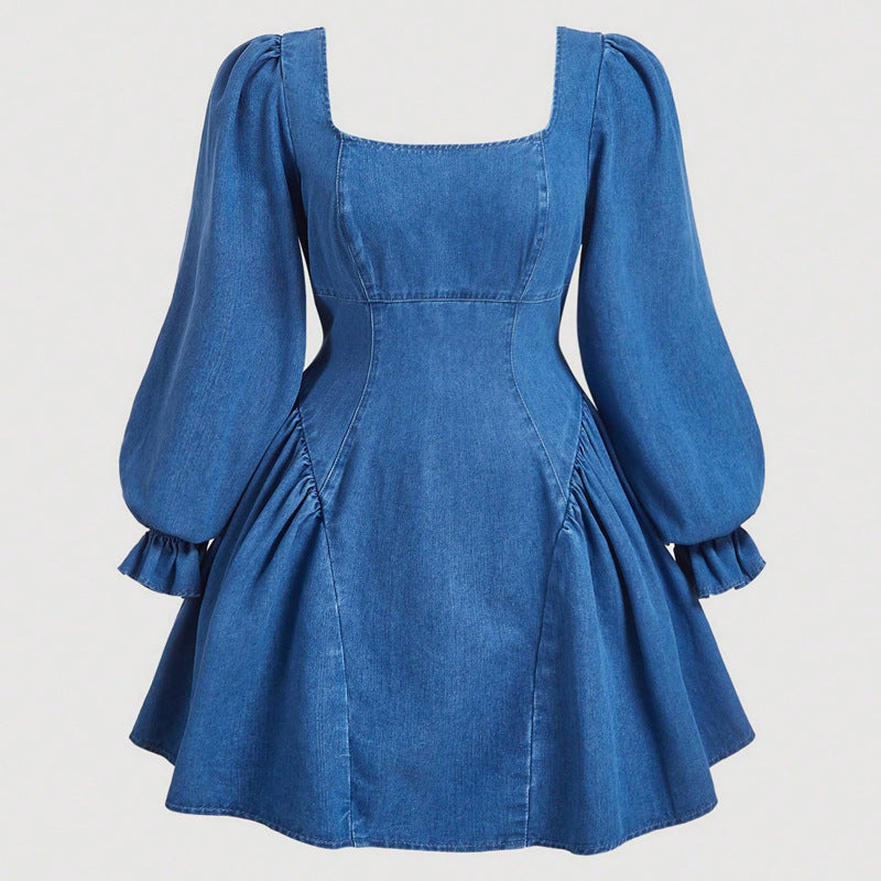 Women Clothing French Long Sleeve Waist Controlled Large Hem Slimming Dress