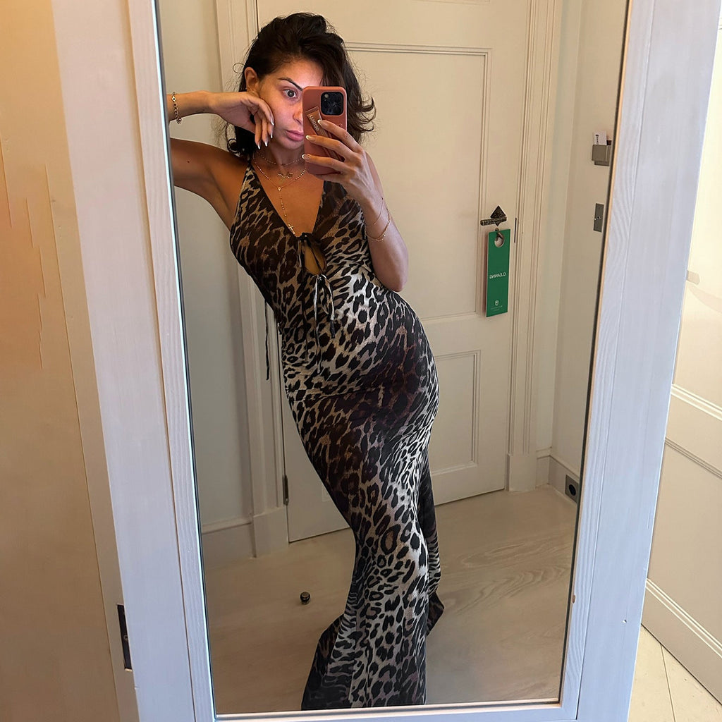 Sexy Party Formal Dress Leopard Print Backless Halter Tied V neck Dress