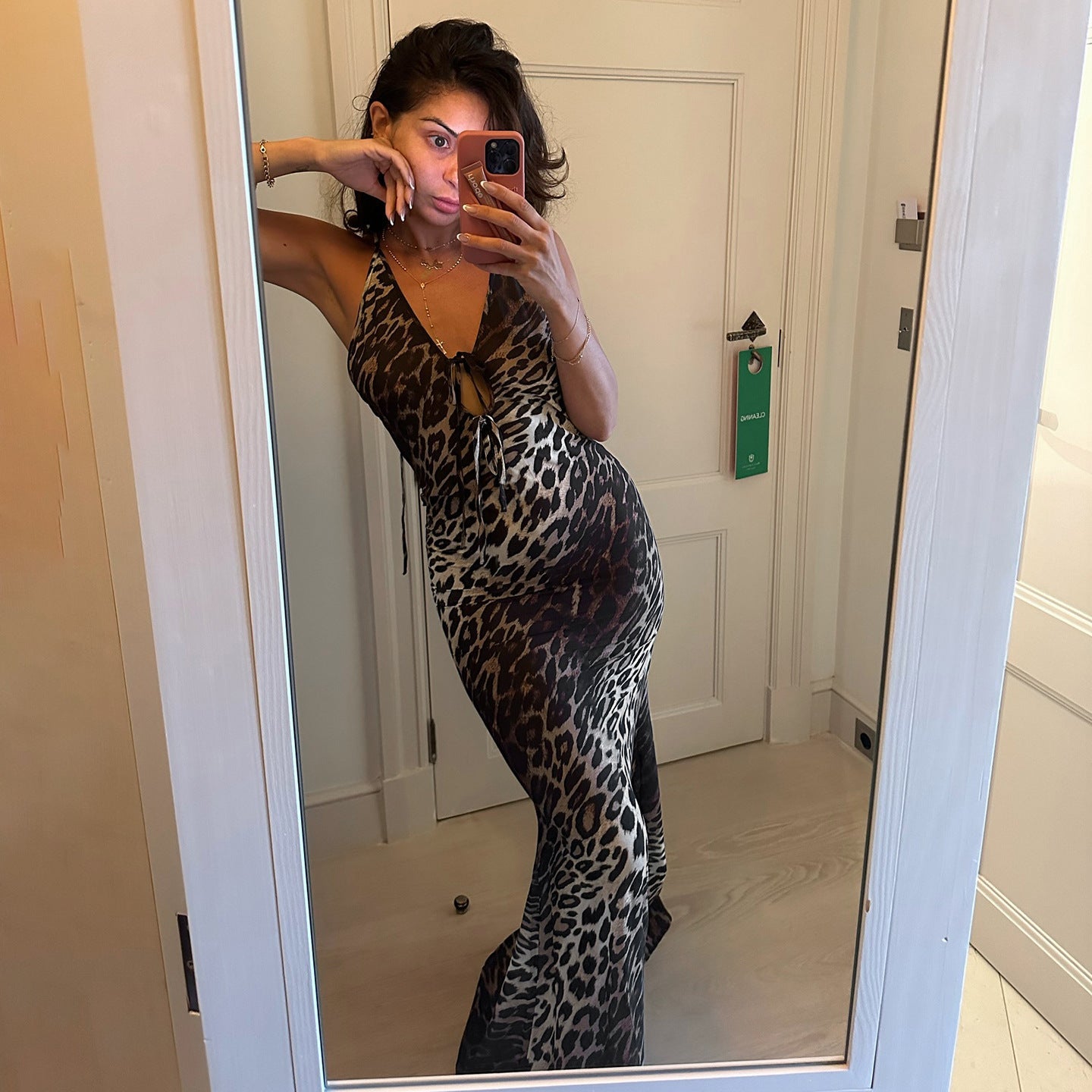 Sexy Party Formal Dress Leopard Print Backless Halter Tied V neck Dress