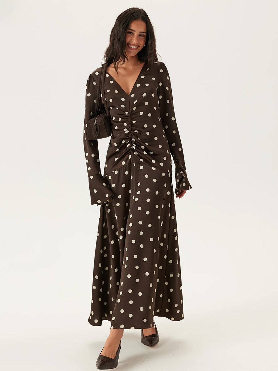 Polka Dot Long Sleeve Dress Summer Women Pleating V neck Flared Sleeves Waist Dress