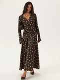 Polka Dot Long Sleeve Dress Summer Women Pleating V neck Flared Sleeves Waist Dress