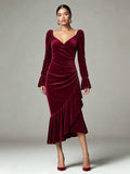 Women Clothing Velvet V neck Dress Autumn Winter Waist Slimming Irregular Asymmetric Fishtail Hip Wrapped Mid Length Dress