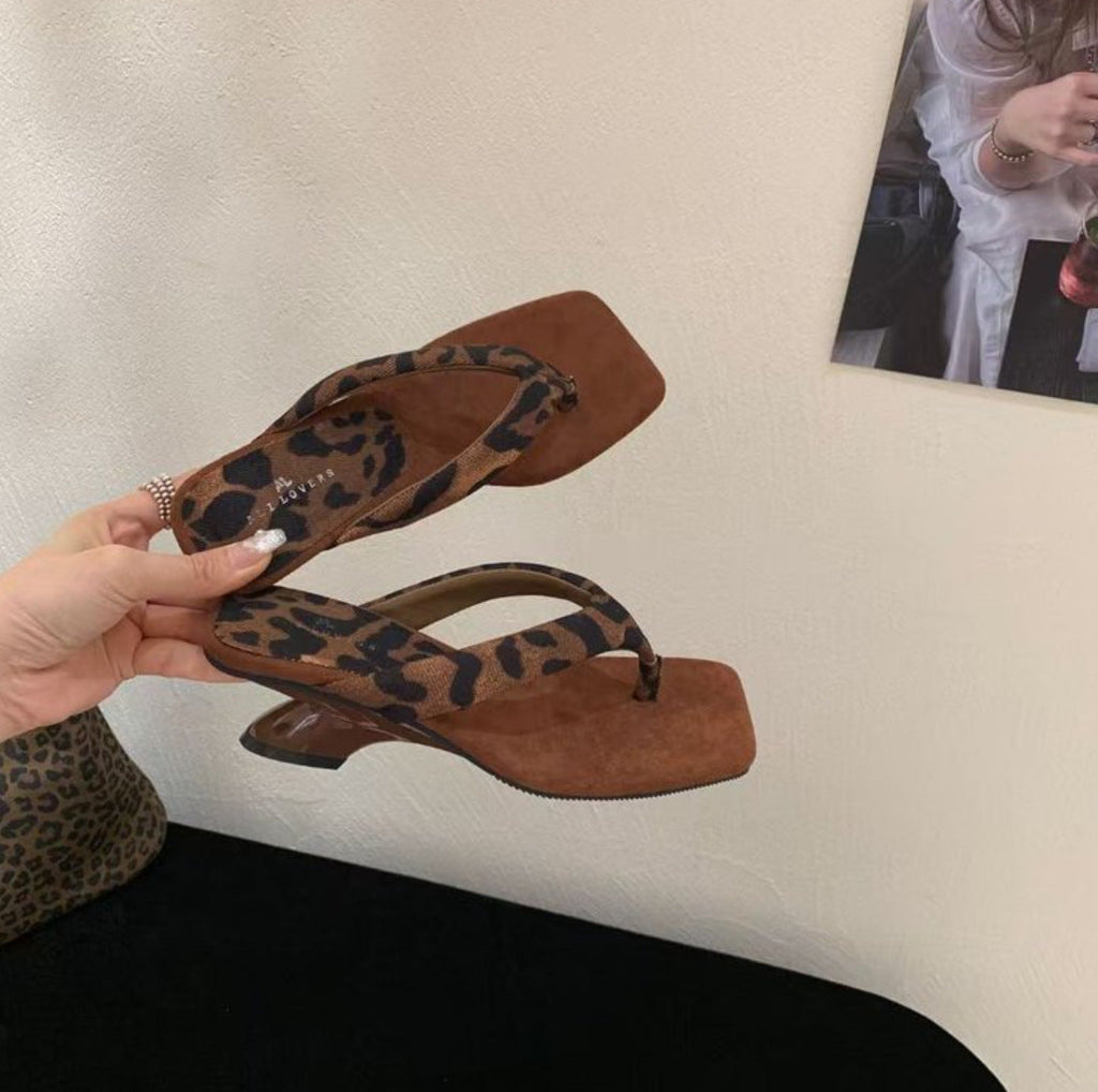 Leopard Print Wedge Toe Square Toe Slippers Women Niche Profiled Heel with Sandals