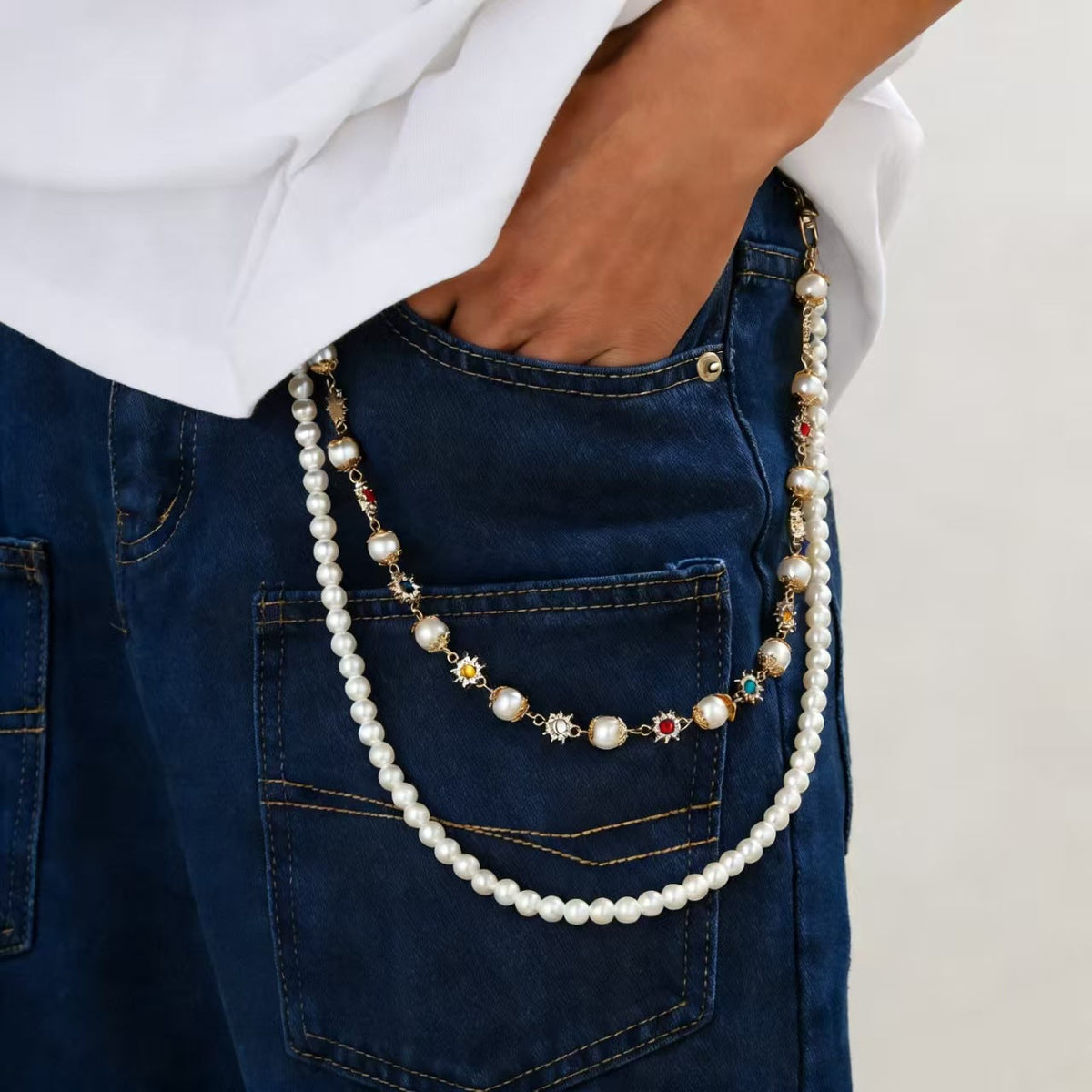 Vintage Multi-Layer Cross Pendant Pearl Flower Color Waist Chain Fashion Pants Chain