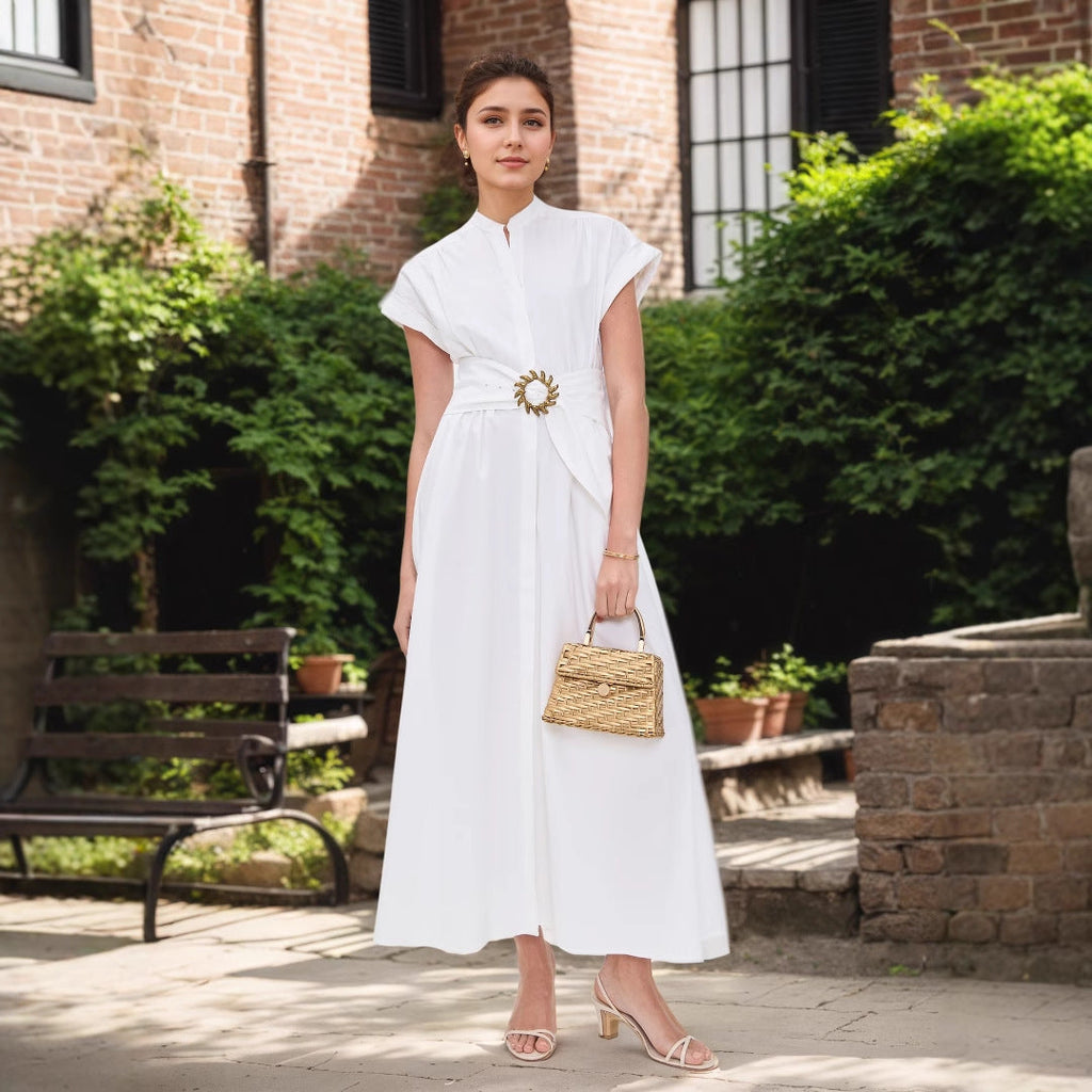 White Stand Collar Sun Metal Decoration Belt Waist Design Short Sleeve Long Pattern Dress